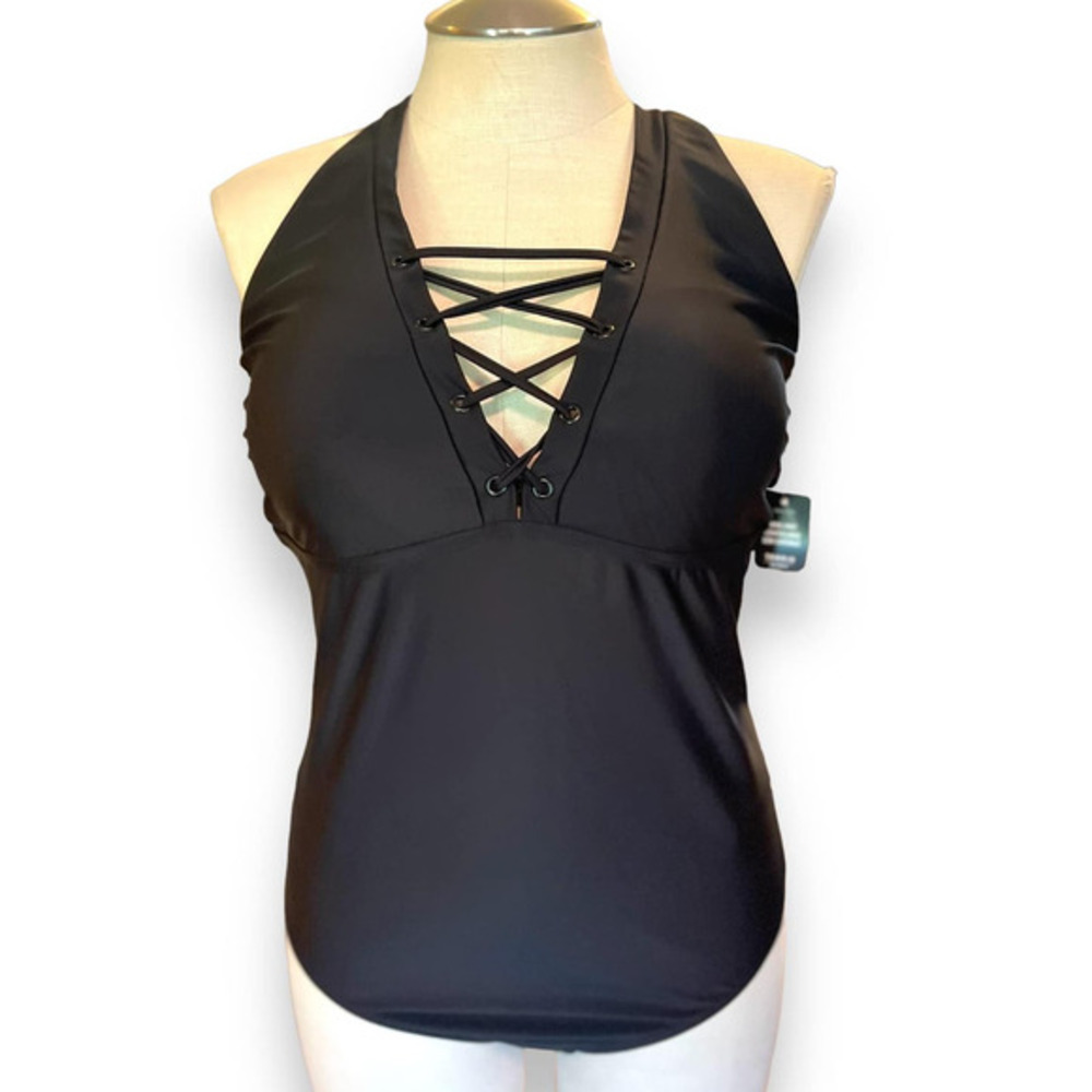 New Torrid 3 (3X 22/24) Black Lace Up Busty Padded One Piece Wireless Swimsuit‎